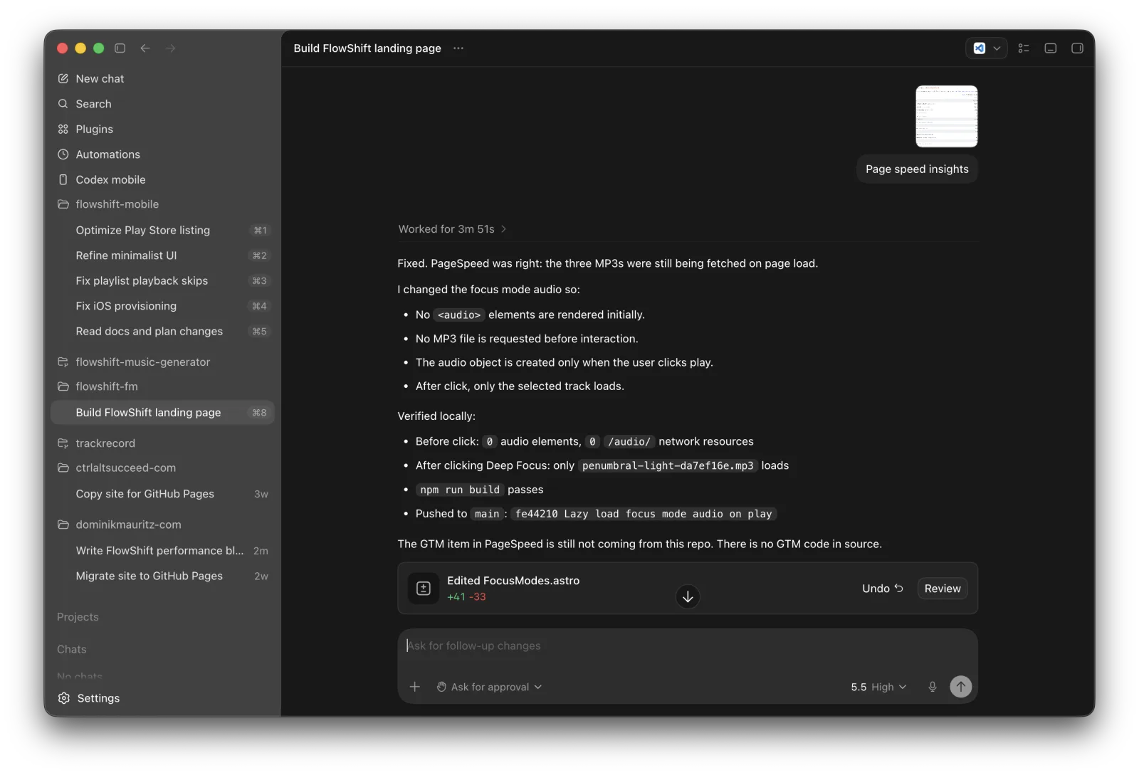 Codex responding to a PageSpeed Insights suggestion and changing the FlowShift website so audio files only load after user interaction.