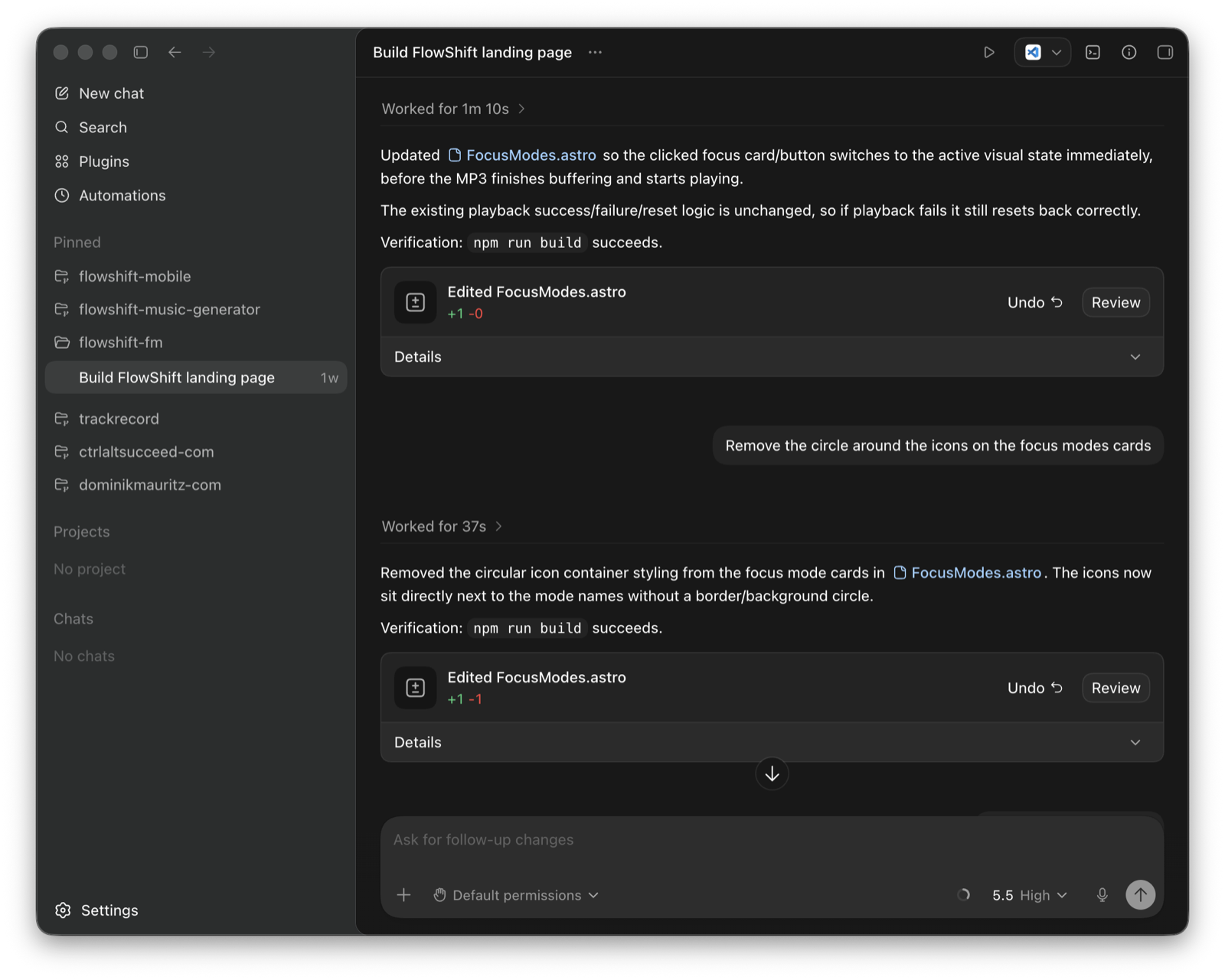 Codex helping build the FlowShift website.