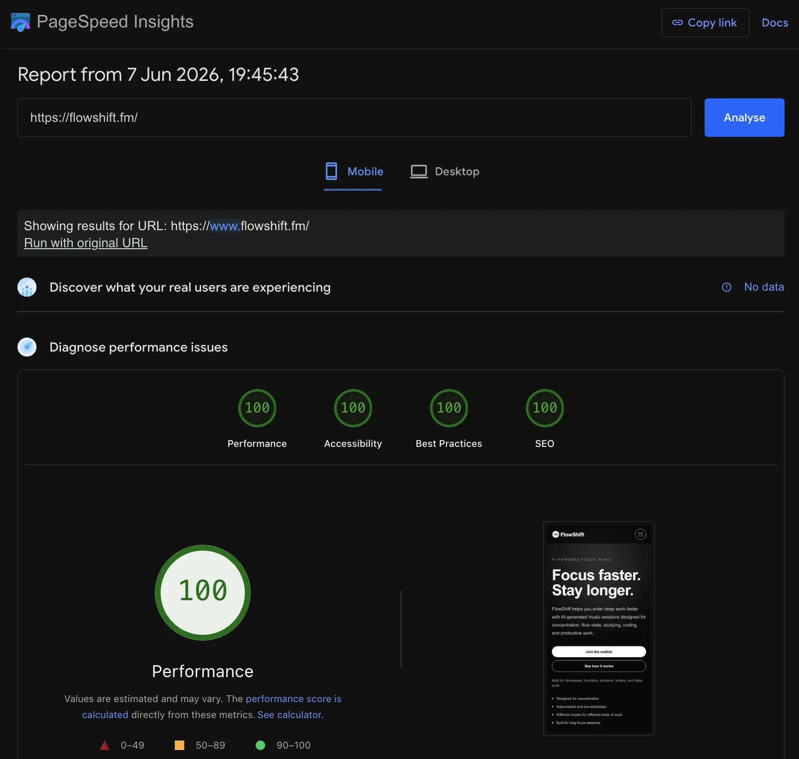 PageSpeed Insights report for flowshift.fm showing 100 points in Performance, Accessibility, Best Practices, and SEO.